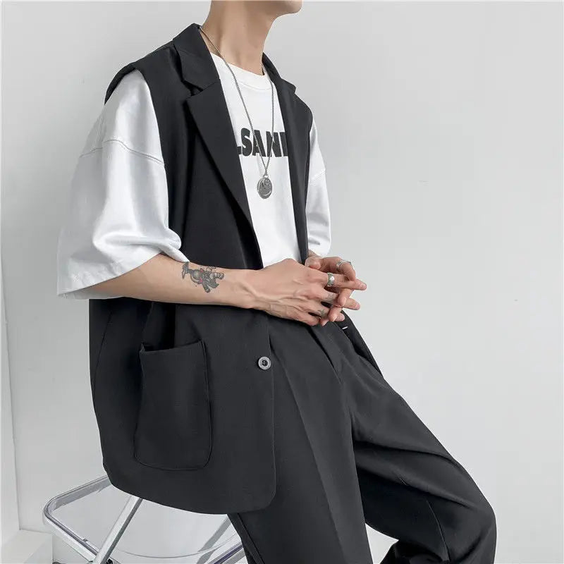 Hehope Spring Suit Vest Men's Fashion Gray Black Dress Jacket Men Suit Jacket Korean Loose Business Society Mens Blazer Vest M-2XL