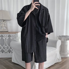 Hehope Korean Style Men's Set Suit Jacket and Shorts Solid Thin Short Sleeve Single Pocket Knee-Length Summer Oversized Clothing Man