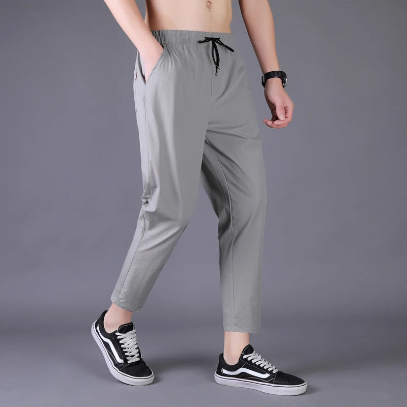 Hehope Men's Summer Thin Pants Korean Trend Nine Straight Tube Loose Ice Silk Elastic Sweatpants For Boys Spring And Autumn Student