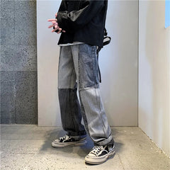 Hehope Korean Style Fashion Men's Denim Wide-leg Pants New Autumn Loose Straight-leg Jeans Paneled Denim Trousers Male