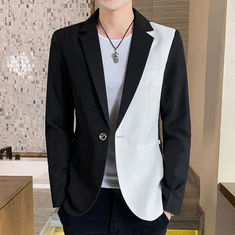 Hehope Men's Casual Blazer Korean Fashion Clothes Patchwork Suit Jacket Male Summer Thin Handsome Wear Slim Fit Coat Red White Blue