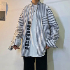 Hehope New Blue Stripe Shirt Men's long sleeve autumn Korean fashion printed fried Street Shirt casual coat camisa social