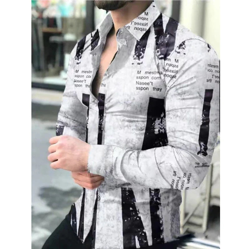 Hehope Men's Slim Shirt Autumn Casual Turn-down Collar Streetwear Fashion Together Printed Long Sleeve Oversize Shirt For Men Tops