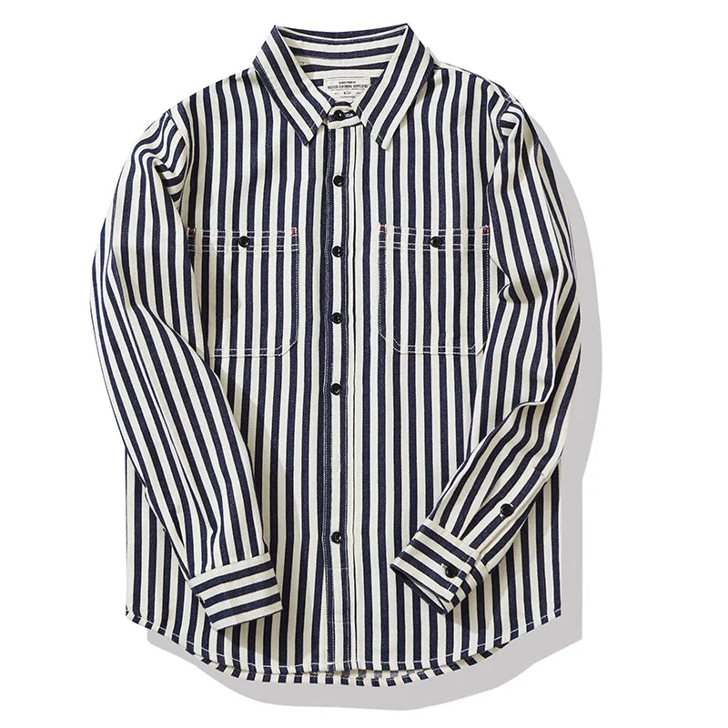 Hehope Vintage Striped Work Shirt Men Spring Autumn New Washed Cotton Long Sleeve Workwear Shirts Streetwear Casual Couple Tops