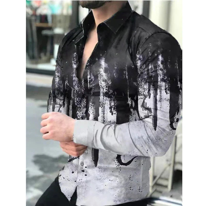 Hehope Men's Slim Shirt Autumn Casual Turn-down Collar Streetwear Fashion Together Printed Long Sleeve Oversize Shirt For Men Tops