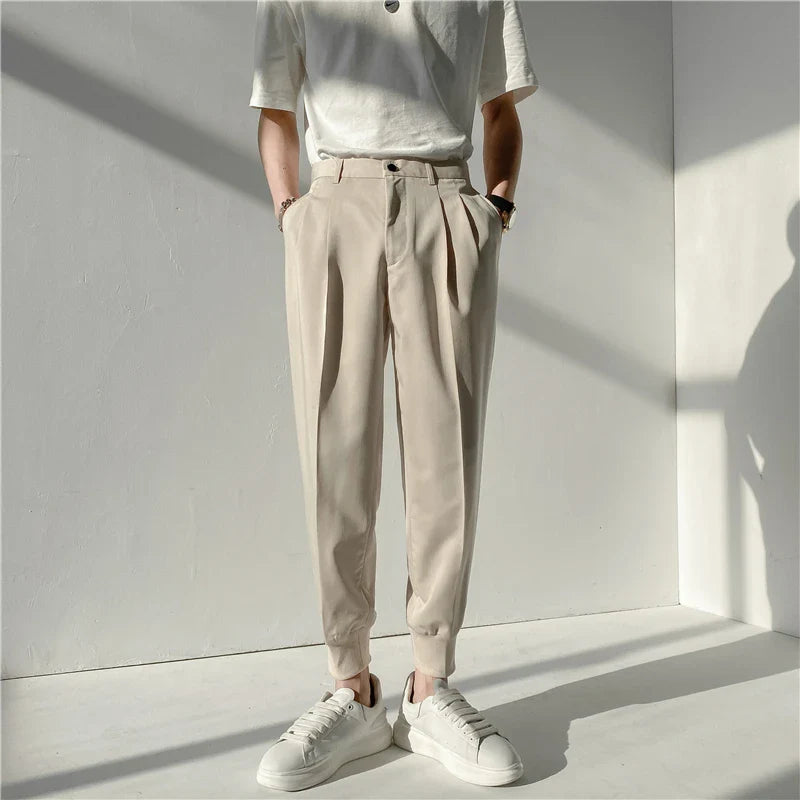 Hehope Summer Fashion Men's Pants Elastic Waist Ankle Length Casual Suit Pant Korean Style Regular Fit Solid Luxury Trousers Beige Blue