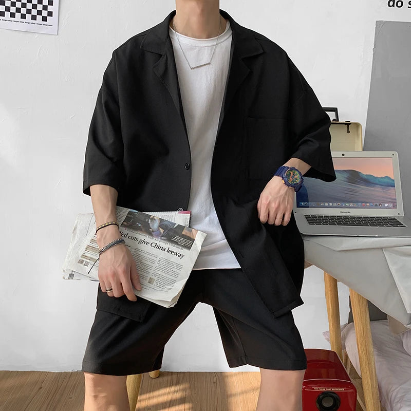 Hehope Summer Two Piece Set Men Suit Jacket and Shorts Oversized Clean Fit Male Clothes Korean Style Casual Loose Short Shirt Outfits Man