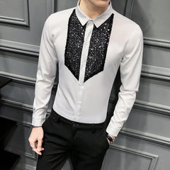 Hehope Sequins Tuxedo Shirts Men Long Sleeve Camisa Masculina Black White Casual Slim Fit  Men Dress Shirts Streetwear Social Tops