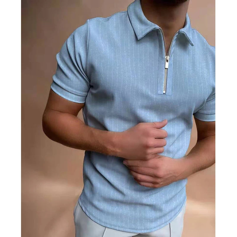 Hehope Fashion Retro Striped Short Sleeve Polo Shirt For Men Casual Turn-down Collar Zip-up Polo Shirts  Summer Men's Slim Tops