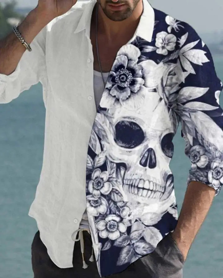 Hehope Autumn New Men Shirt Skull Print Fashion Personality Casual Oversize Long Sleeve Dress Loose Shirt For Men Tops Blouse Chemise