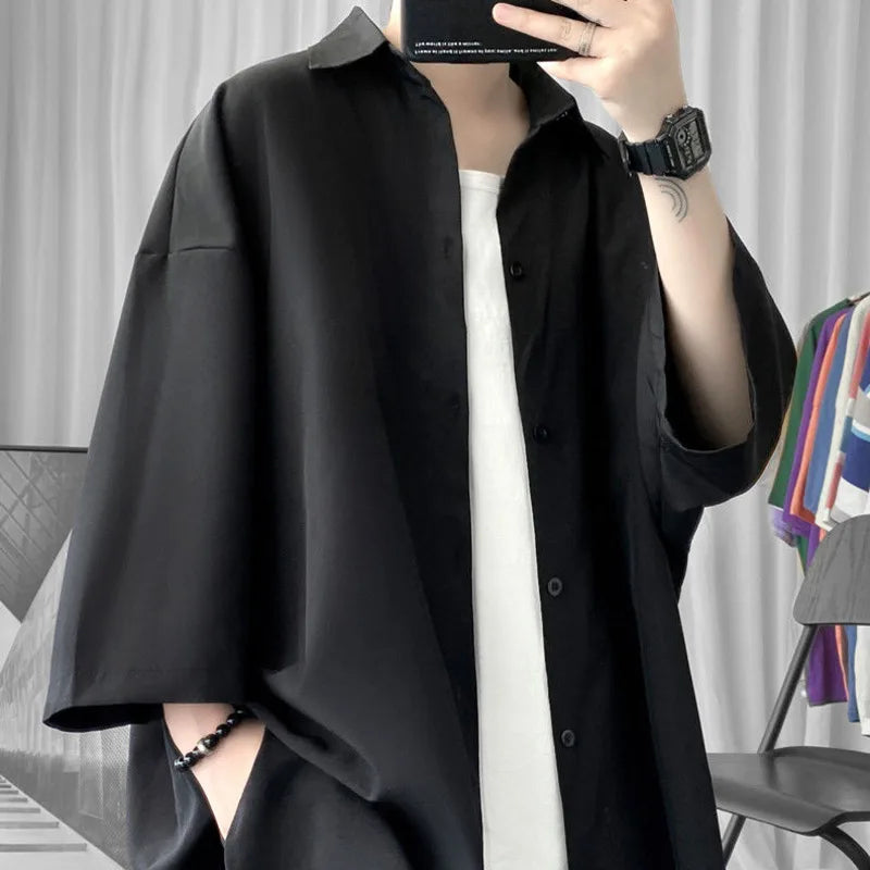 Hehope Korean Oversize Shirt Men's Fashion Summer Black White Short-sleeved Shirt Men Streetwear Loose Society Mens Dress Shirt M-2XL