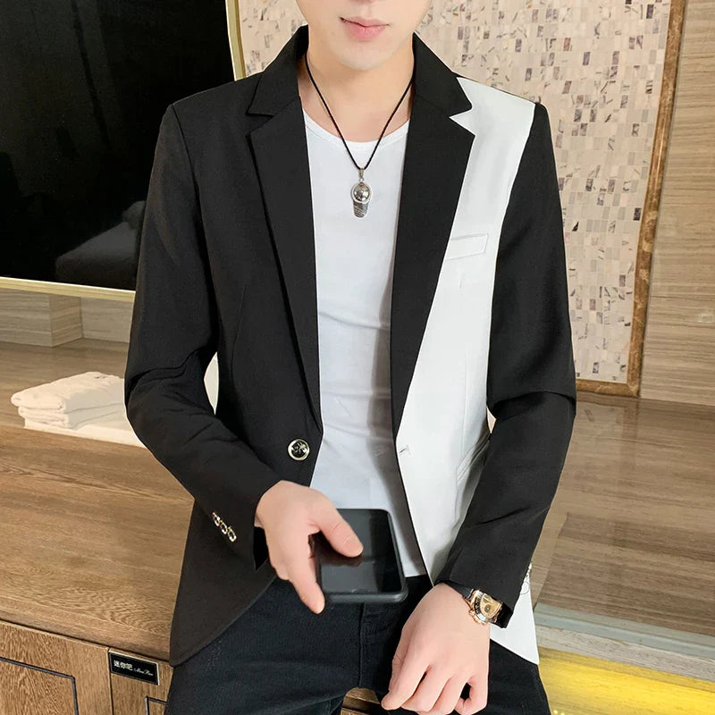 Hehope Men's Casual Blazer Korean Fashion Clothes Patchwork Suit Jacket Male Summer Thin Handsome Wear Slim Fit Coat Red White Blue