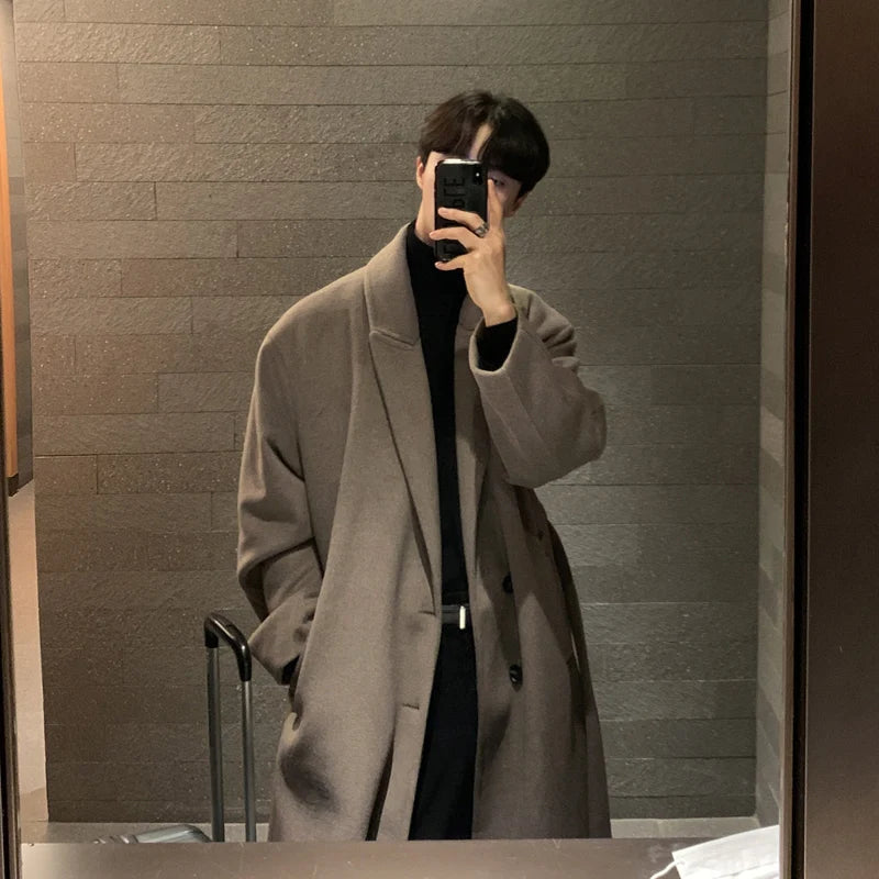 Hehope Winter Men Thick Woolen Dust Coats Korean Style Streetwear Male Loose Solid Color Warm Trenchcoat High Quality Men's Windbreak