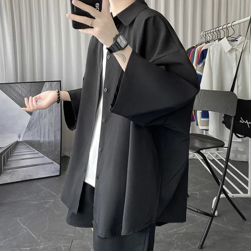 Hehope Korean Oversize Shirt Men's Fashion Summer Black White Short-sleeved Shirt Men Streetwear Loose Society Mens Dress Shirt M-2XL