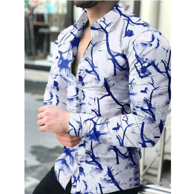 Hehope Men's Slim Shirt Autumn Casual Turn-down Collar Streetwear Fashion Together Printed Long Sleeve Oversize Shirt For Men Tops