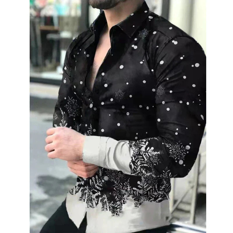 Hehope Men's Slim Shirt Autumn Casual Turn-down Collar Streetwear Fashion Together Printed Long Sleeve Oversize Shirt For Men Tops