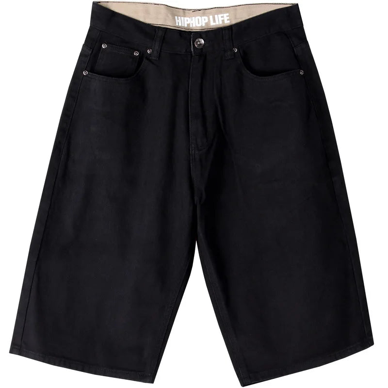 Hehope Summer Men Shorts Hip Hop Harem Denim Jeans Boardshorts Fashion Loose Cotton Baggy Skateboard Shorts Black Plus Size 30-46