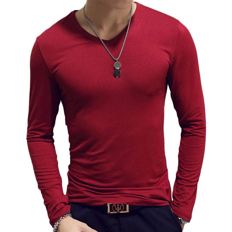 Hehope Mens T-Shirt O-Neck Round Neck Long Sleeve Men T-Shirt for Male Lycra and Cotton T-Shirts Man Clothing