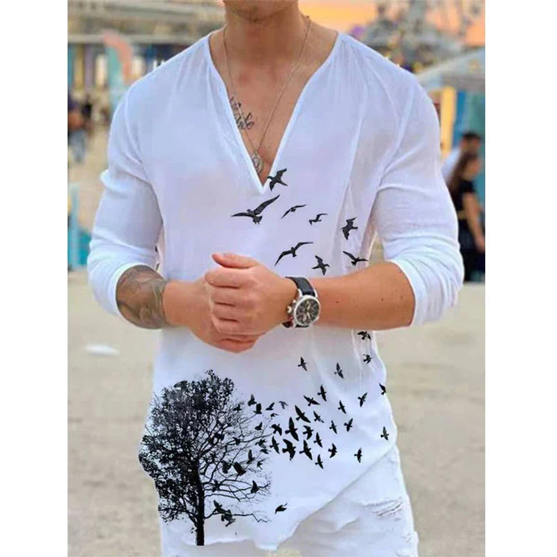 Hehope Men T-shirt Long Sleeves Harajuku Tees Animal Printed Sexy V-neck Loose Tshirts Spring Autumn Streetwear Fashion Clothes Tops