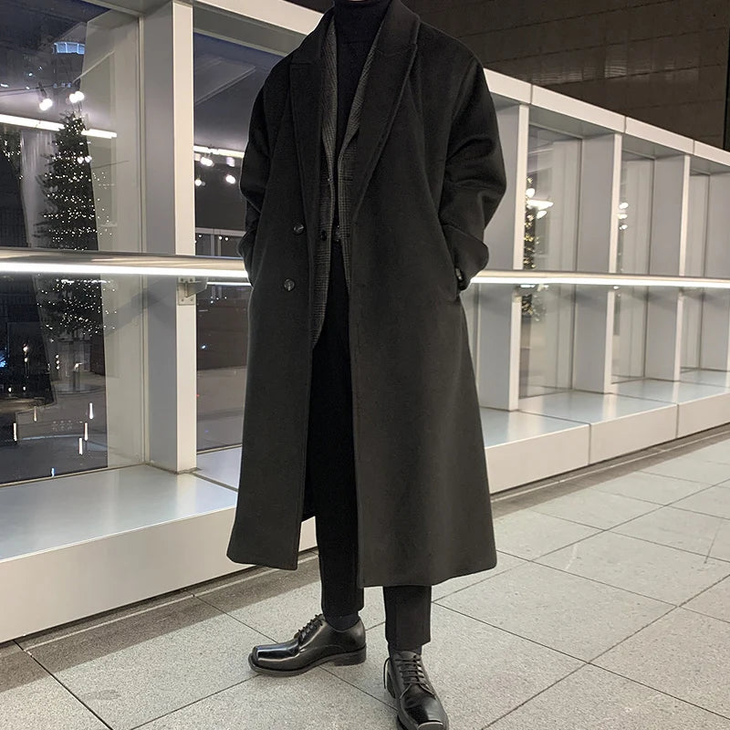 Hehope Winter Men Thick Woolen Dust Coats Korean Style Streetwear Male Loose Solid Color Warm Trenchcoat High Quality Men's Windbreak