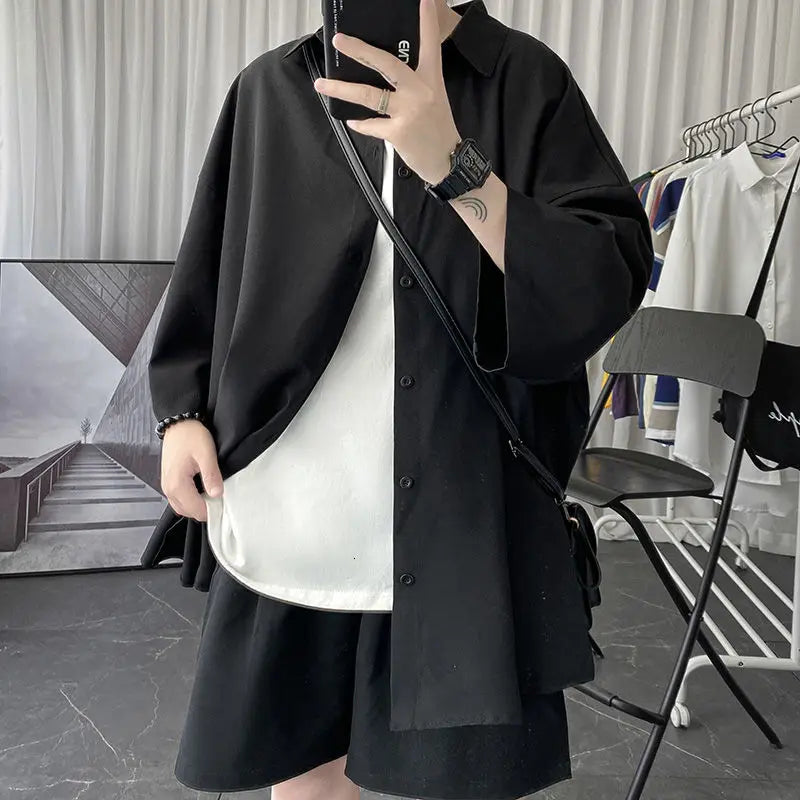 Hehope Korean Oversize Shirt Men's Fashion Summer Black White Short-sleeved Shirt Men Streetwear Loose Society Mens Dress Shirt M-2XL