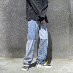 Hehope Korean Style Fashion Men's Denim Wide-leg Pants New Autumn Loose Straight-leg Jeans Paneled Denim Trousers Male