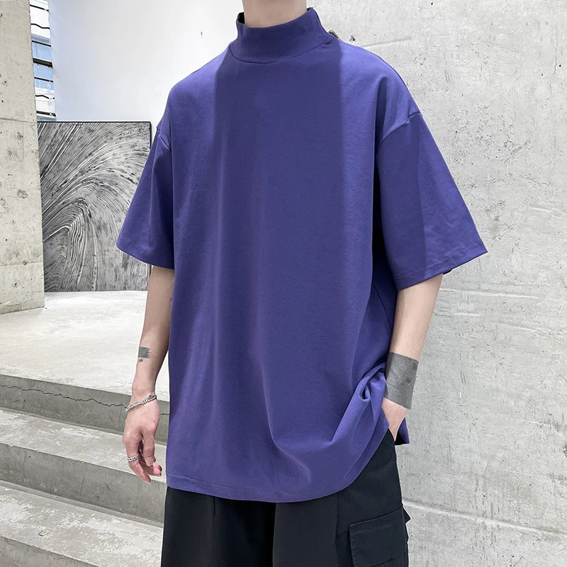 Hehope 2024 Streetwear Turtleneck Men Tshirt Solid Hip Hop Male Oversized T shirts Man Casual Short Sleeve Top Tees Black/White/Purple