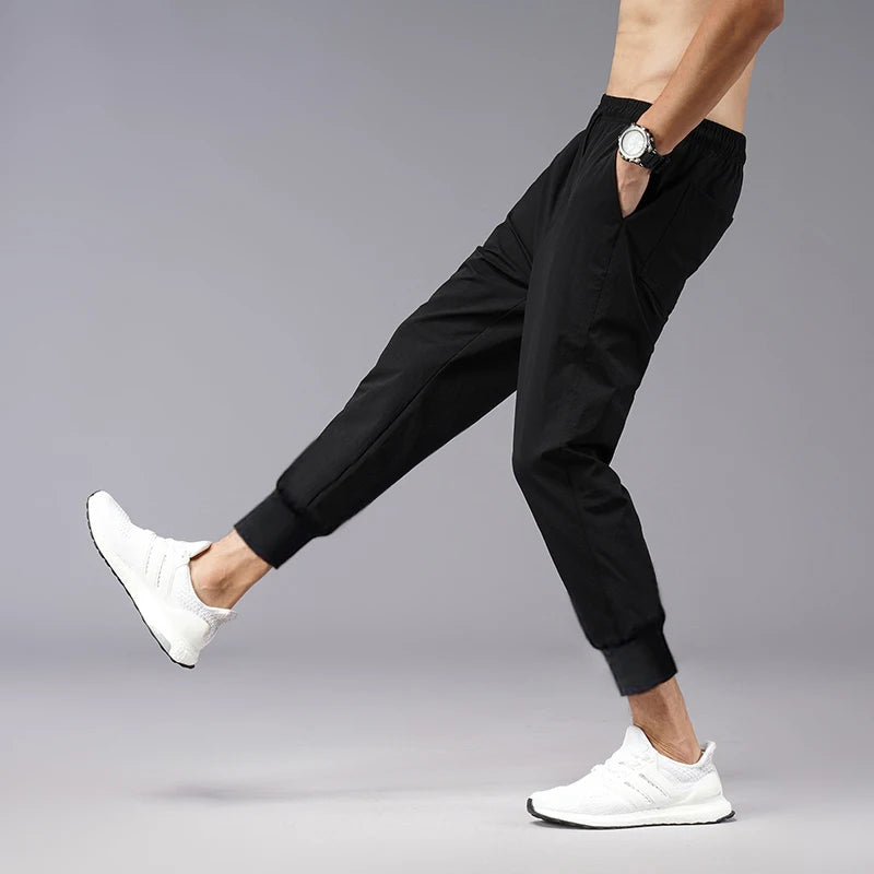 Hehope Men's Summer Thin Pants Korean Trend Nine Straight Tube Loose Ice Silk Elastic Sweatpants For Boys Spring And Autumn Student