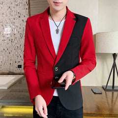 Hehope Men's Casual Blazer Korean Fashion Clothes Patchwork Suit Jacket Male Summer Thin Handsome Wear Slim Fit Coat Red White Blue