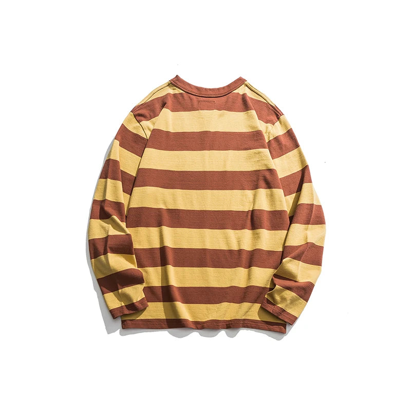 Hehope Heavy Striped Long Sleeve T Shirt Men Spring Autumn New Amekaji Vintage Loose Round Neck Motorcycle Tshirt Casual Basic Shirt