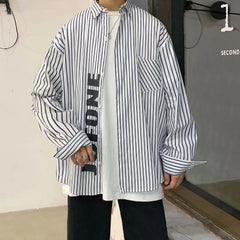 Hehope New Blue Stripe Shirt Men's long sleeve autumn Korean fashion printed fried Street Shirt casual coat camisa social