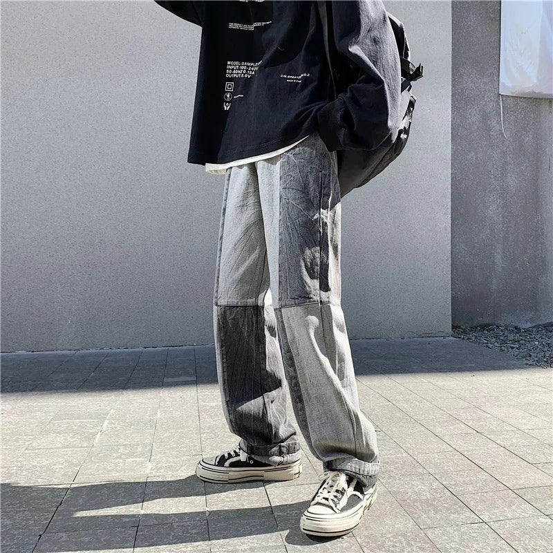 Hehope Korean Style Fashion Men's Denim Wide-leg Pants New Autumn Loose Straight-leg Jeans Paneled Denim Trousers Male