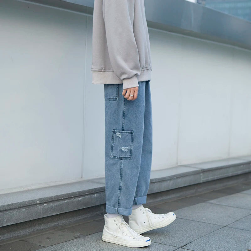 Hehope Autumn ins holed jeans men's Korean loose student straight tube drop feeling trend wide leg pants clothes streetwear Hot Sale