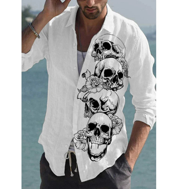 Hehope Autumn New Men Shirt Skull Print Fashion Personality Casual Oversize Long Sleeve Dress Loose Shirt For Men Tops Blouse Chemise