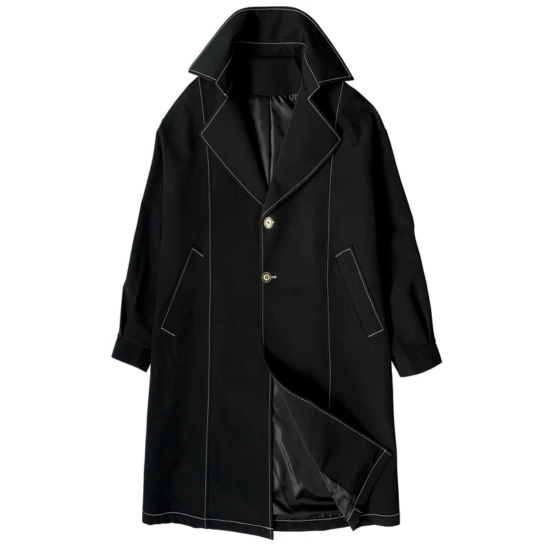 Hehope Top Quality Men's Chic Line Trenchcoat Autumn Single Breasted Long Trench Coat Male Solid Color Black/Rice White Jacket Coats