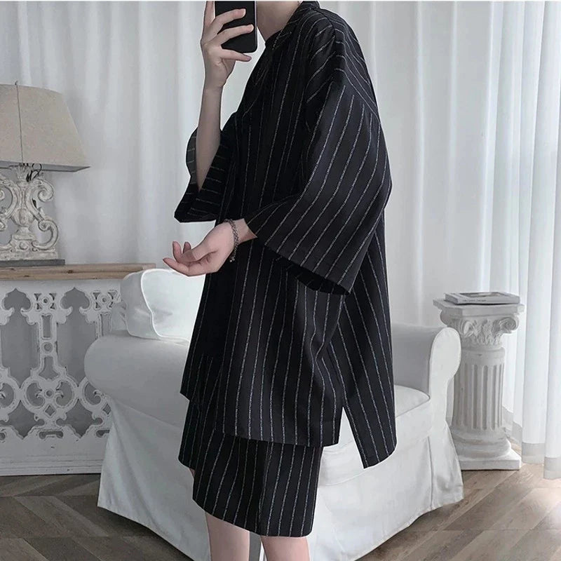 Hehope Korean Style Men's Set Suit Jacket and Shorts Solid Thin Short Sleeve Single Pocket Knee-Length Summer Oversized Clothing Man