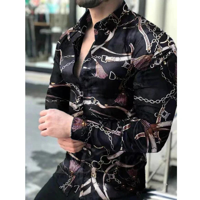 Hehope Men's Slim Shirt Autumn Casual Turn-down Collar Streetwear Fashion Together Printed Long Sleeve Oversize Shirt For Men Tops