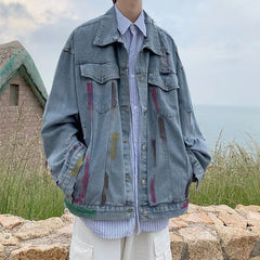 Hehope Pierced denim jacket men Korean version chaopai high street splash couple coat spring and autumn loose fashion versatile top