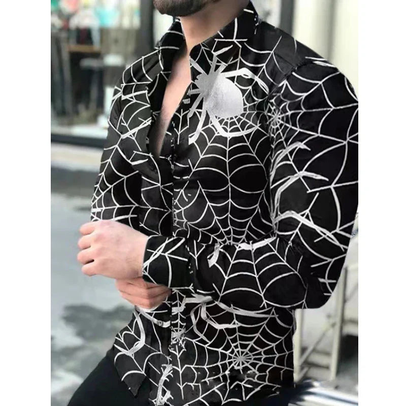 Hehope Men's Slim Shirt Autumn Casual Turn-down Collar Streetwear Fashion Together Printed Long Sleeve Oversize Shirt For Men Tops