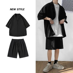 Hehope Summer Two Piece Set Men Suit Jacket and Shorts Oversized Clean Fit Male Clothes Korean Style Casual Loose Short Shirt Outfits Man