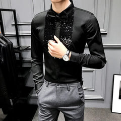 Hehope Sequins Tuxedo Shirts Men Long Sleeve Camisa Masculina Black White Casual Slim Fit  Men Dress Shirts Streetwear Social Tops