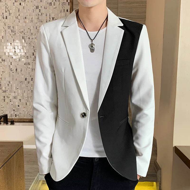 Hehope Men's Casual Blazer Korean Fashion Clothes Patchwork Suit Jacket Male Summer Thin Handsome Wear Slim Fit Coat Red White Blue