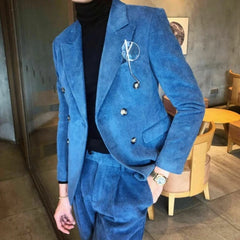 Hehope Blue Corduroy Men Suits Groom Prom Blazer Costume Homme Marriage Tuxedo Wedding Office Double Breasted 2 Pcs  Jacket+Pants