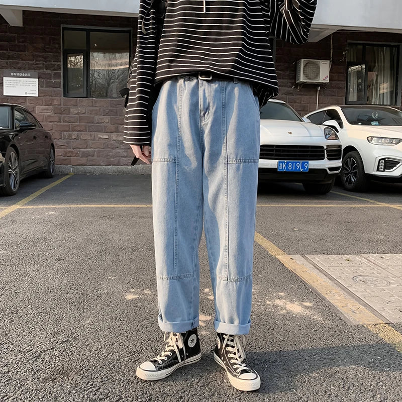 Hehope Jeans men's loose straight wide leg pants Korean fashion versatile spring and autumn Capris splicing pants