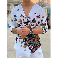 Hehope Men T-shirt Long Sleeves Harajuku Tees Animal Printed Sexy V-neck Loose Tshirts Spring Autumn Streetwear Fashion Clothes Tops