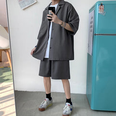 Hehope Summer Two Piece Set Men Suit Jacket and Shorts Oversized Clean Fit Male Clothes Korean Style Casual Loose Short Shirt Outfits Man