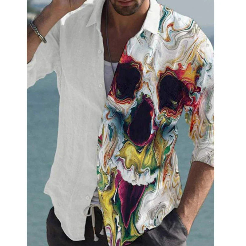 Hehope Autumn New Men Shirt Skull Print Fashion Personality Casual Oversize Long Sleeve Dress Loose Shirt For Men Tops Blouse Chemise