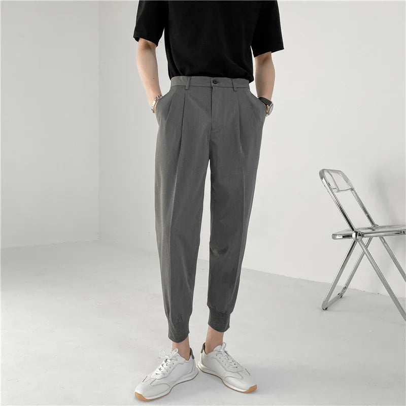 Hehope Summer Fashion Men's Pants Elastic Waist Ankle Length Casual Suit Pant Korean Style Regular Fit Solid Luxury Trousers Beige Blue