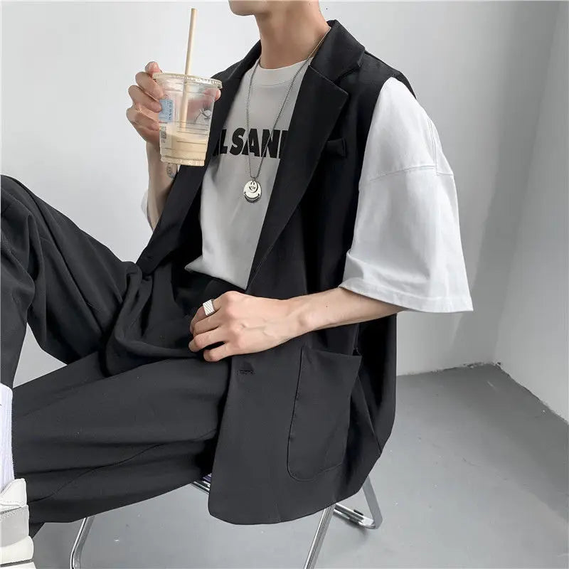 Hehope Spring Suit Vest Men's Fashion Gray Black Dress Jacket Men Suit Jacket Korean Loose Business Society Mens Blazer Vest M-2XL