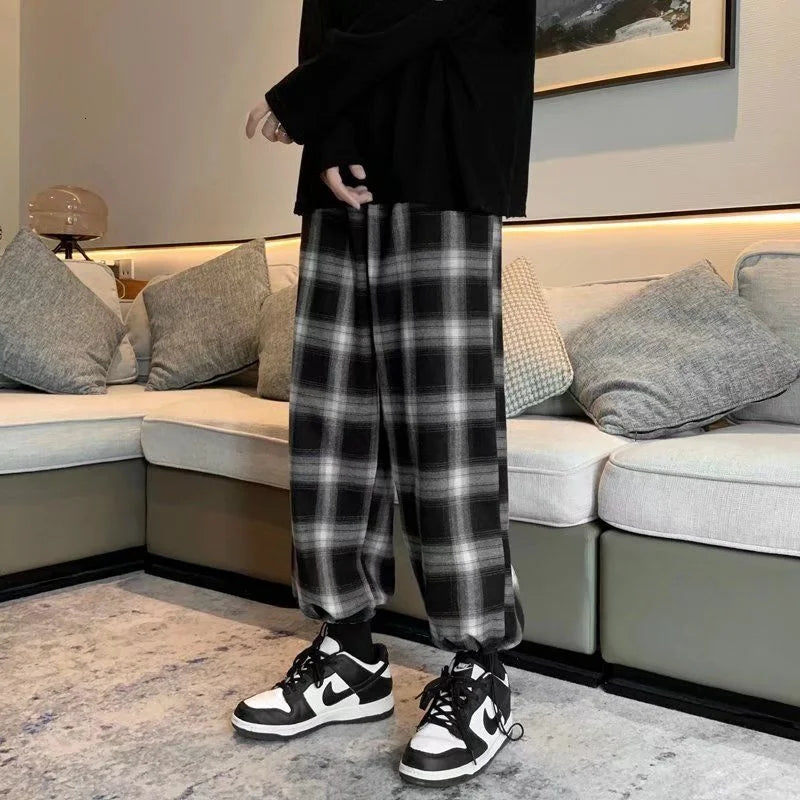 Hehope Plaid Pants Men Fashion Retro Color Contrast Casual Pants Men Streetwear Loose Hip-hop Straight Pants Mens Trousers M-3XL